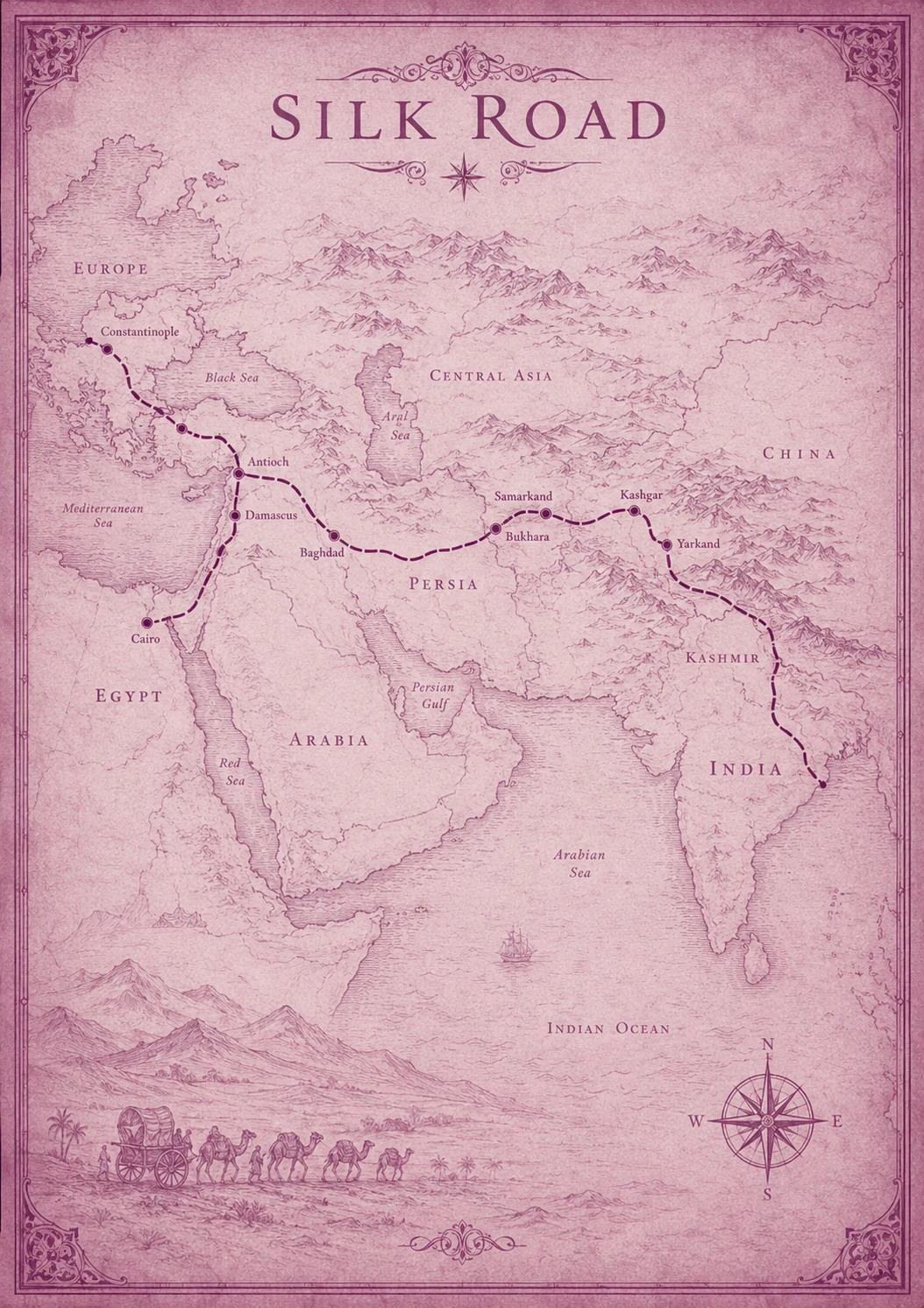 Illustrated Silk Road map from Constantinople and Cairo through Baghdad, Bukhara and Kashgar to Kashmir and India